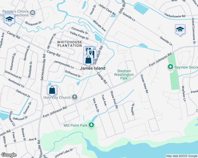 map of restaurants, bars, coffee shops, grocery stores, and more near 1127 Camp Road in Charleston