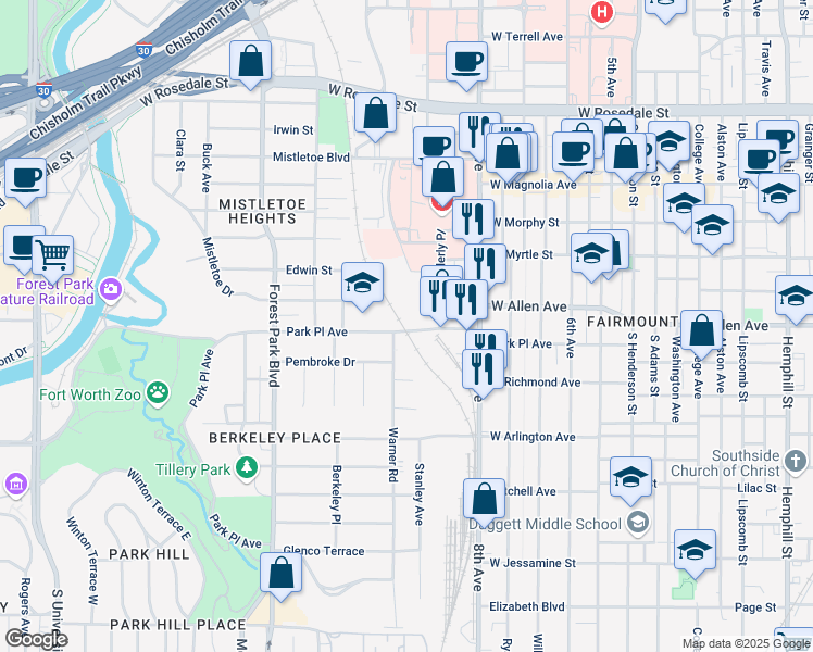 map of restaurants, bars, coffee shops, grocery stores, and more near 1902 Park Place Avenue in Fort Worth