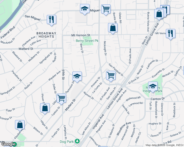 map of restaurants, bars, coffee shops, grocery stores, and more near 1911 Madera Street in Lemon Grove