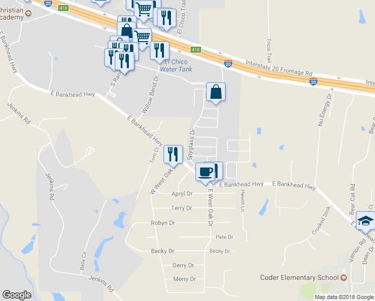 map of restaurants, bars, coffee shops, grocery stores, and more near 338 Spyglass Drive in Aledo