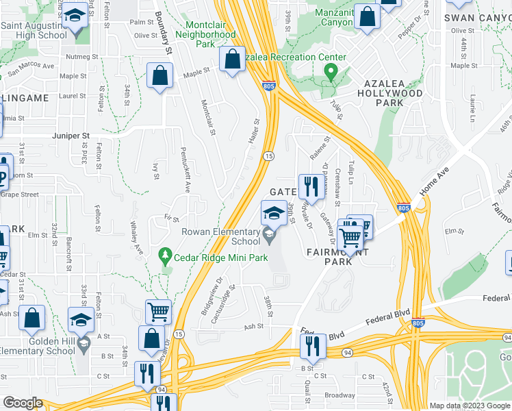 map of restaurants, bars, coffee shops, grocery stores, and more near 1936 Parrot Street in San Diego