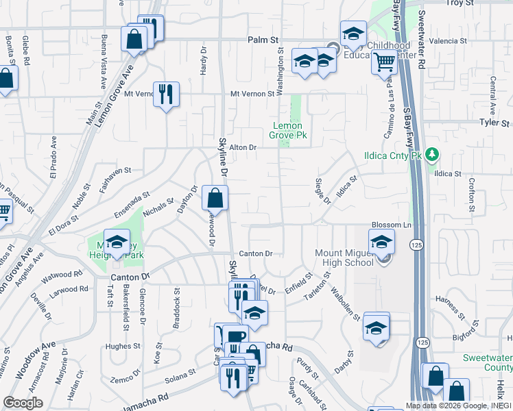 map of restaurants, bars, coffee shops, grocery stores, and more near 8046-48 Sarawak Drive in Lemon Grove