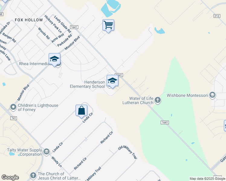 map of restaurants, bars, coffee shops, grocery stores, and more near 12755 Farm to Market 1641 in Forney