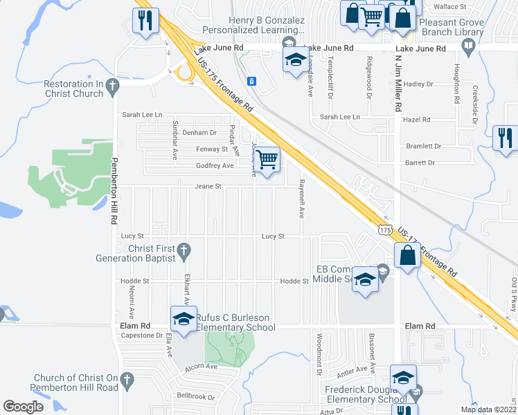 map of restaurants, bars, coffee shops, grocery stores, and more near 742 Jonelle Avenue in Dallas