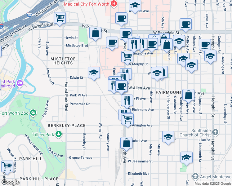 map of restaurants, bars, coffee shops, grocery stores, and more near 1635 Park Place Avenue in Fort Worth