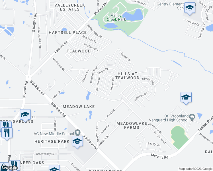 map of restaurants, bars, coffee shops, grocery stores, and more near 2828 Ingram Circle in Mesquite
