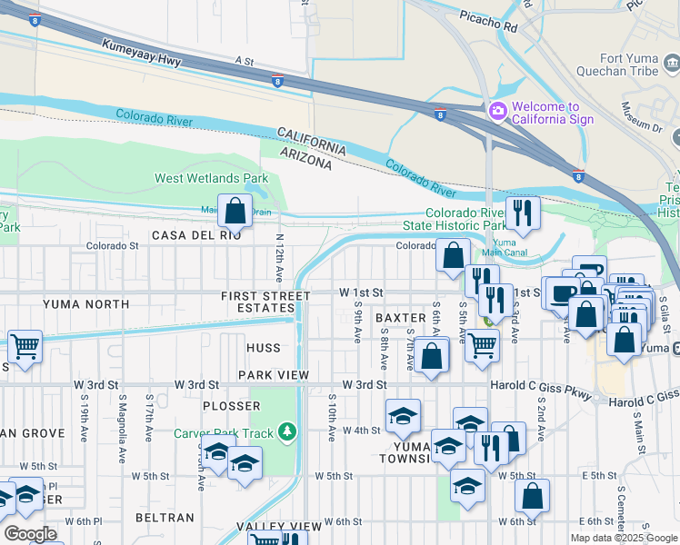 map of restaurants, bars, coffee shops, grocery stores, and more near 900-998 W 1st St in Yuma