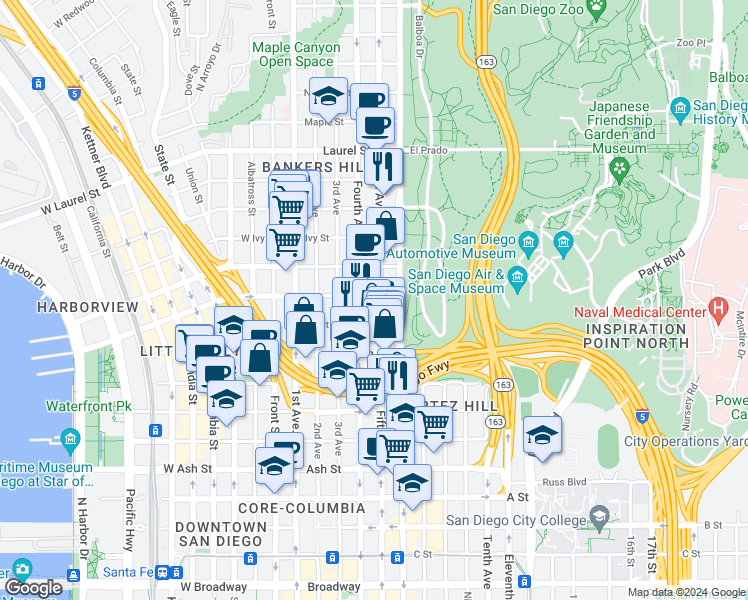 map of restaurants, bars, coffee shops, grocery stores, and more near in San Diego