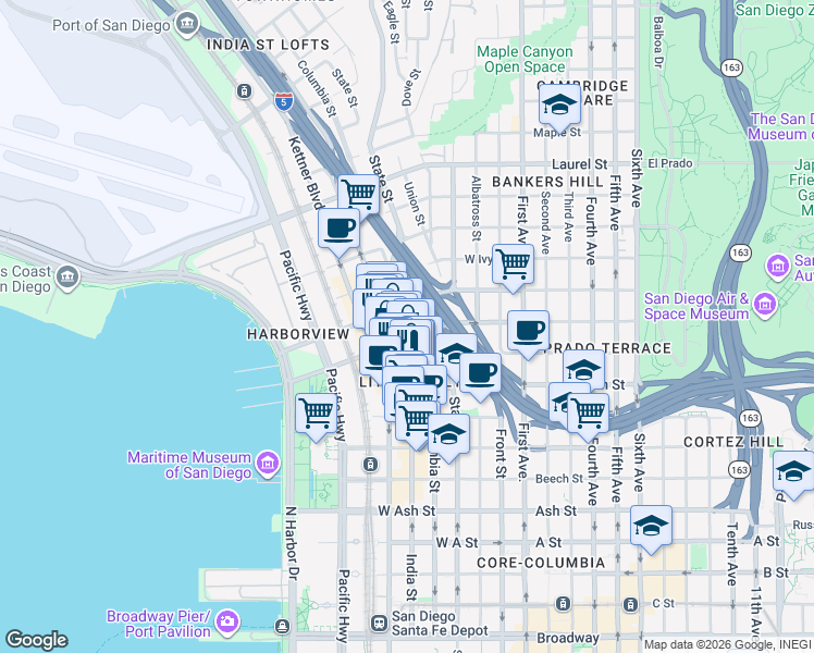 map of restaurants, bars, coffee shops, grocery stores, and more near 1959 Columbia Street in San Diego