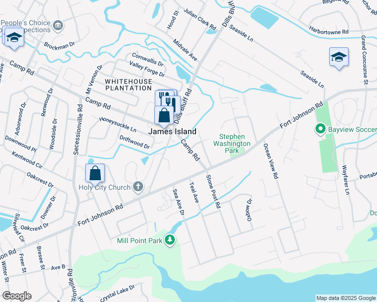 map of restaurants, bars, coffee shops, grocery stores, and more near 1127 Camp Road in Charleston