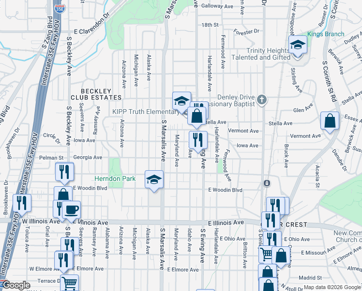 map of restaurants, bars, coffee shops, grocery stores, and more near 1822 Maryland Avenue in Dallas