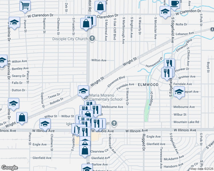 map of restaurants, bars, coffee shops, grocery stores, and more near 2102 Elmwood Boulevard in Dallas