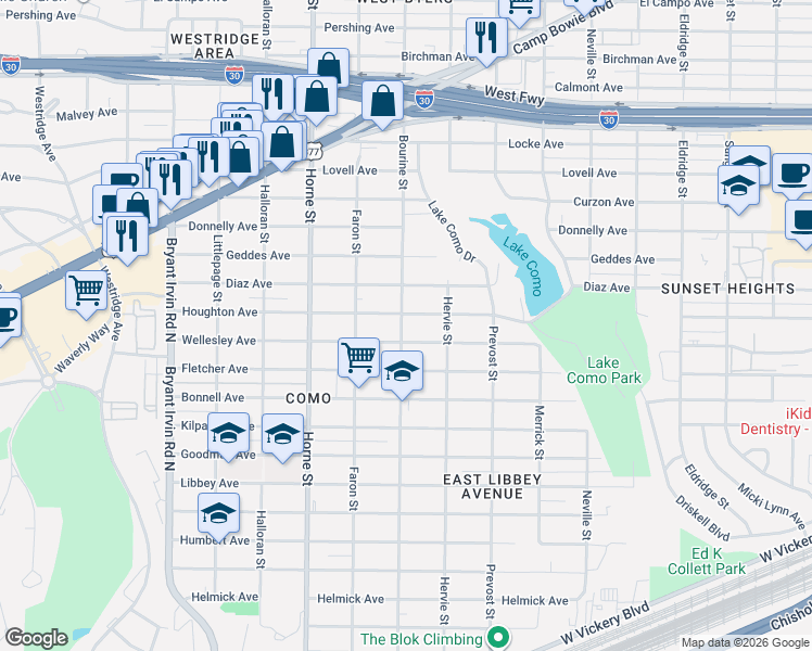 map of restaurants, bars, coffee shops, grocery stores, and more near 5428 Wellesley Avenue in Fort Worth