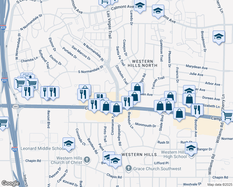 map of restaurants, bars, coffee shops, grocery stores, and more near 3322 Las Vegas Trail in Fort Worth