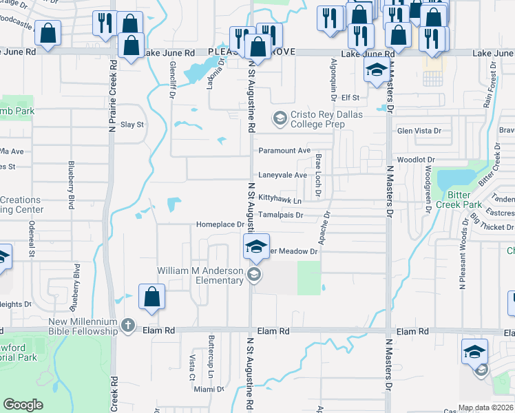 map of restaurants, bars, coffee shops, grocery stores, and more near 818 North Saint Augustine Drive in Dallas