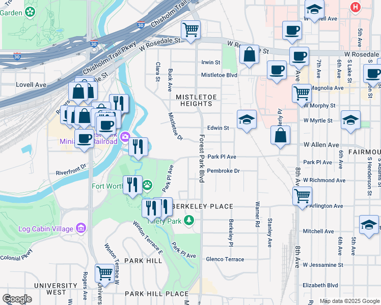 map of restaurants, bars, coffee shops, grocery stores, and more near 1801 Rockridge Terrace in Fort Worth