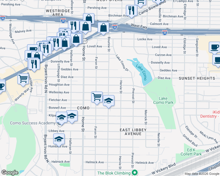 map of restaurants, bars, coffee shops, grocery stores, and more near 5428 Wellesley Avenue in Fort Worth