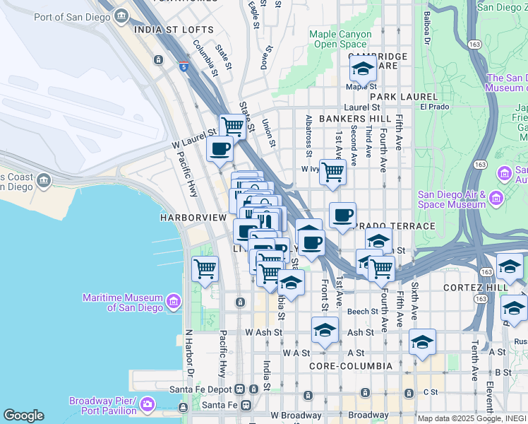 map of restaurants, bars, coffee shops, grocery stores, and more near 2040 Columbia Street in San Diego