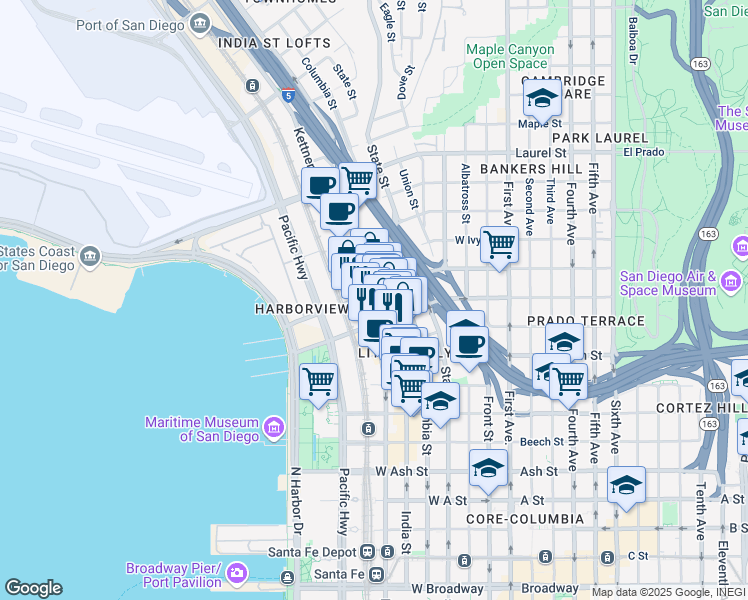map of restaurants, bars, coffee shops, grocery stores, and more near 801 West Hawthorn Street in San Diego