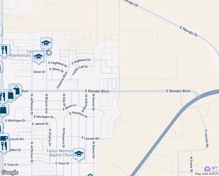 map of restaurants, bars, coffee shops, grocery stores, and more near 2302 North Juniper Lane in Hobbs