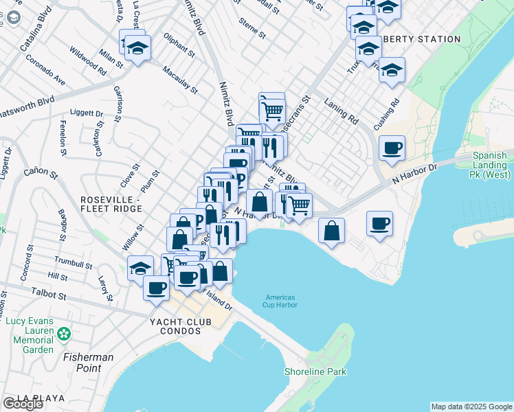 map of restaurants, bars, coffee shops, grocery stores, and more near 5055 North Harbor Drive in San Diego