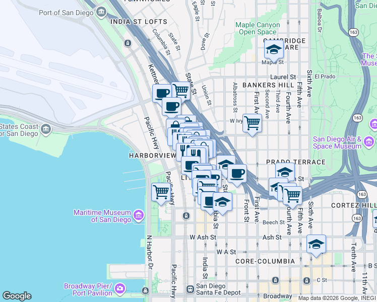 map of restaurants, bars, coffee shops, grocery stores, and more near 705W West Grape Street in San Diego