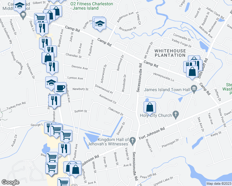 map of restaurants, bars, coffee shops, grocery stores, and more near 1097 Woodside Drive in Charleston