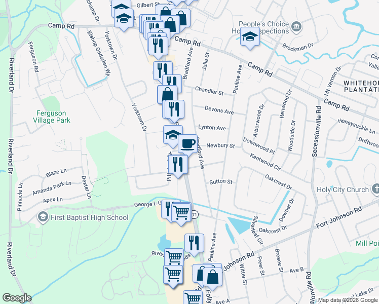 map of restaurants, bars, coffee shops, grocery stores, and more near 1131 Bradford Avenue in Charleston