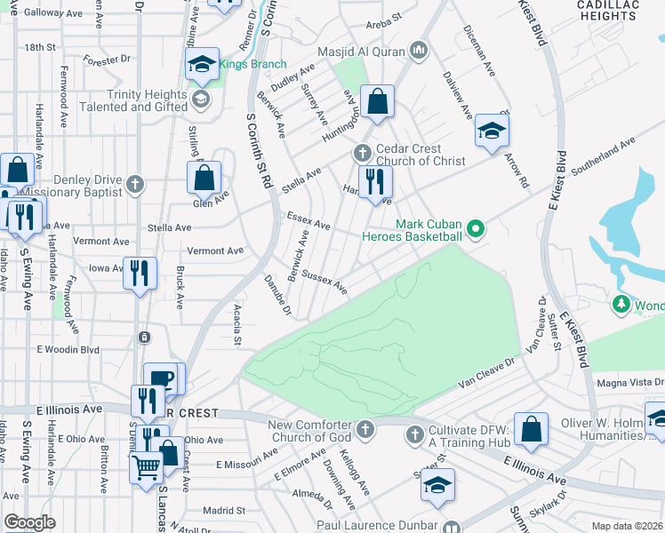 map of restaurants, bars, coffee shops, grocery stores, and more near 1844 Cedar Crest Boulevard in Dallas