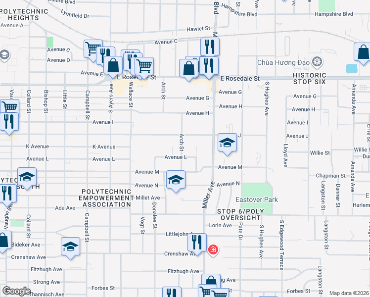map of restaurants, bars, coffee shops, grocery stores, and more near 4105 Avenue L in Fort Worth