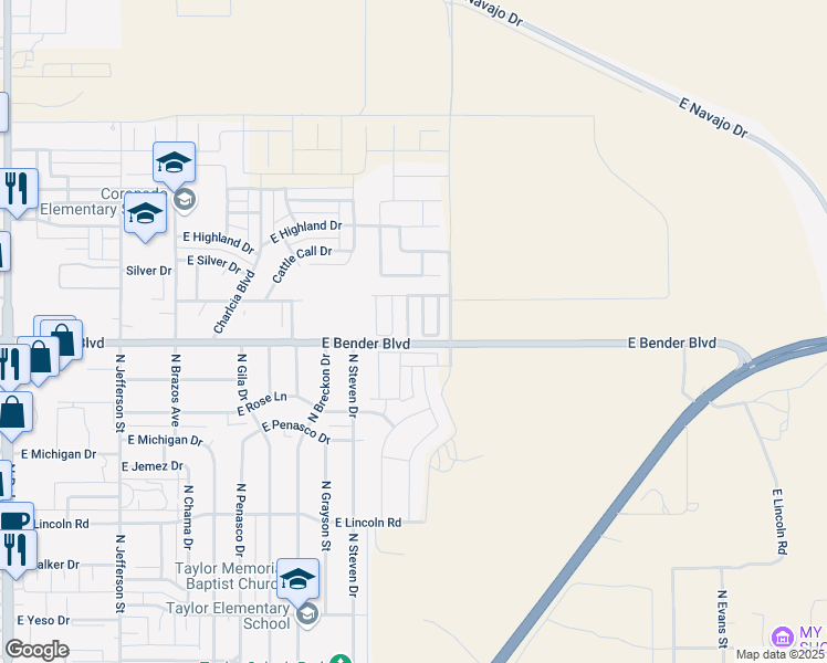 map of restaurants, bars, coffee shops, grocery stores, and more near 2302 North Juniper Lane in Hobbs