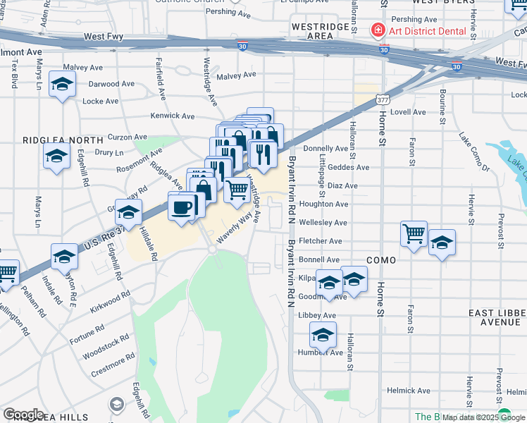 map of restaurants, bars, coffee shops, grocery stores, and more near 3601 Westridge Avenue in Fort Worth