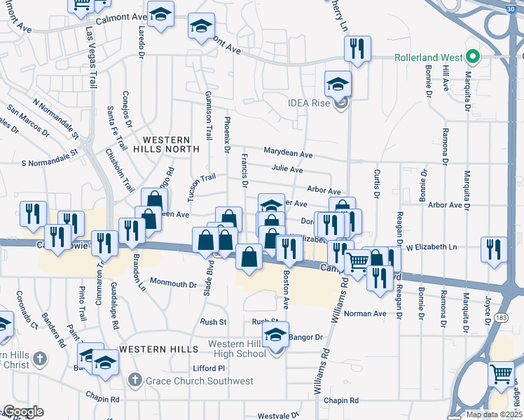map of restaurants, bars, coffee shops, grocery stores, and more near 8124 Doreen Avenue in Fort Worth