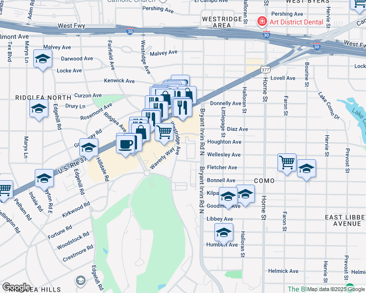 map of restaurants, bars, coffee shops, grocery stores, and more near 3601 Westridge Avenue in Fort Worth
