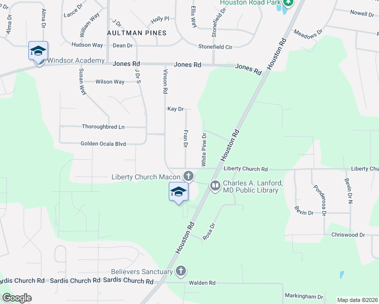 map of restaurants, bars, coffee shops, grocery stores, and more near 3468 Liberty Church Road in Macon