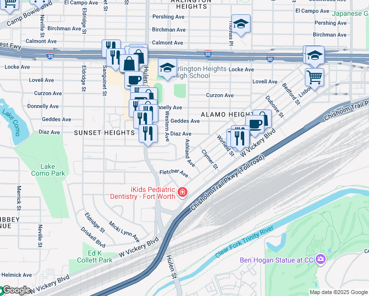 map of restaurants, bars, coffee shops, grocery stores, and more near 4400 Wellesley Avenue in Fort Worth
