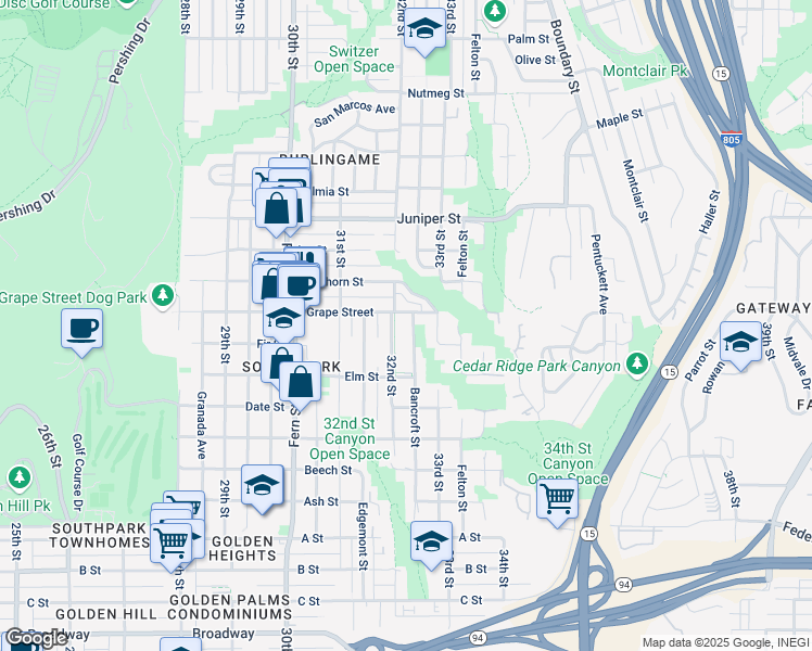 map of restaurants, bars, coffee shops, grocery stores, and more near 1932 Bancroft Street in San Diego