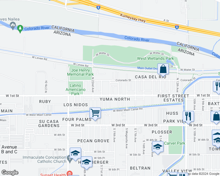 map of restaurants, bars, coffee shops, grocery stores, and more near 2060 West 1st Street in Yuma