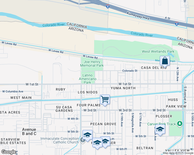 map of restaurants, bars, coffee shops, grocery stores, and more near 2270 West 1st Street in Yuma