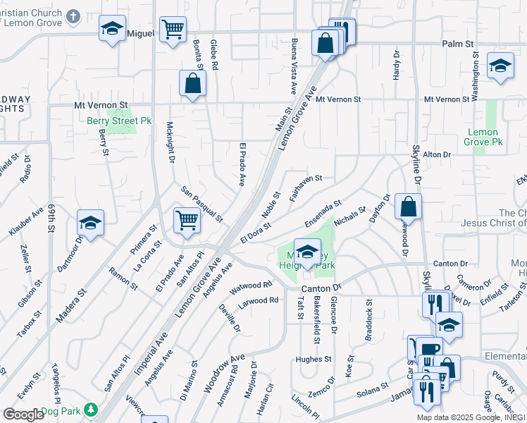 map of restaurants, bars, coffee shops, grocery stores, and more near 1840 El Dora Street in Lemon Grove