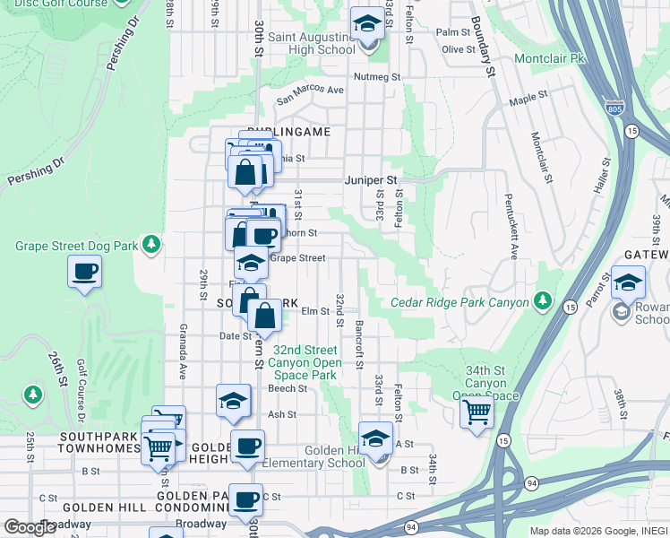 map of restaurants, bars, coffee shops, grocery stores, and more near 1902 32nd Street in San Diego