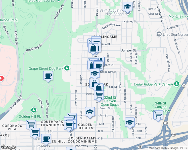 map of restaurants, bars, coffee shops, grocery stores, and more near 2969 Fir Street in San Diego