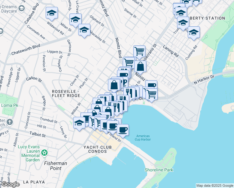 map of restaurants, bars, coffee shops, grocery stores, and more near in San Diego