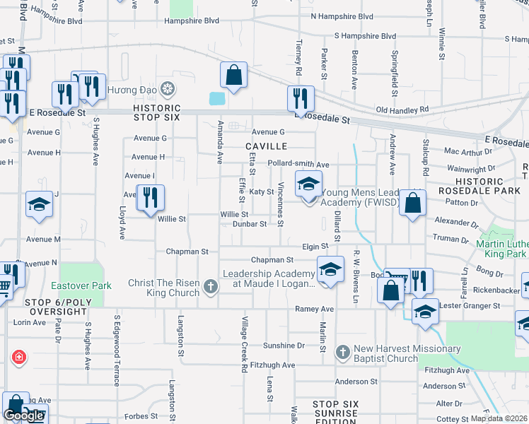 map of restaurants, bars, coffee shops, grocery stores, and more near 5004 Dunbar Street in Fort Worth