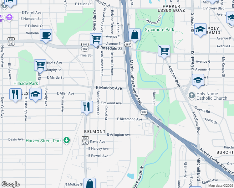 map of restaurants, bars, coffee shops, grocery stores, and more near 1720 Belzise Terrace in Fort Worth