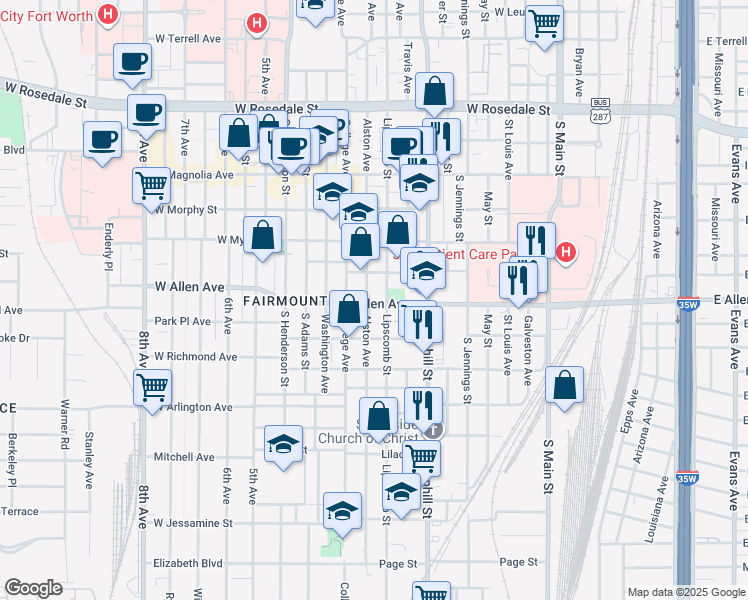 map of restaurants, bars, coffee shops, grocery stores, and more near 1710 Lipscomb Street in Fort Worth