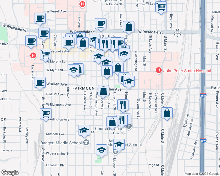 map of restaurants, bars, coffee shops, grocery stores, and more near 1710 Lipscomb Street in Fort Worth