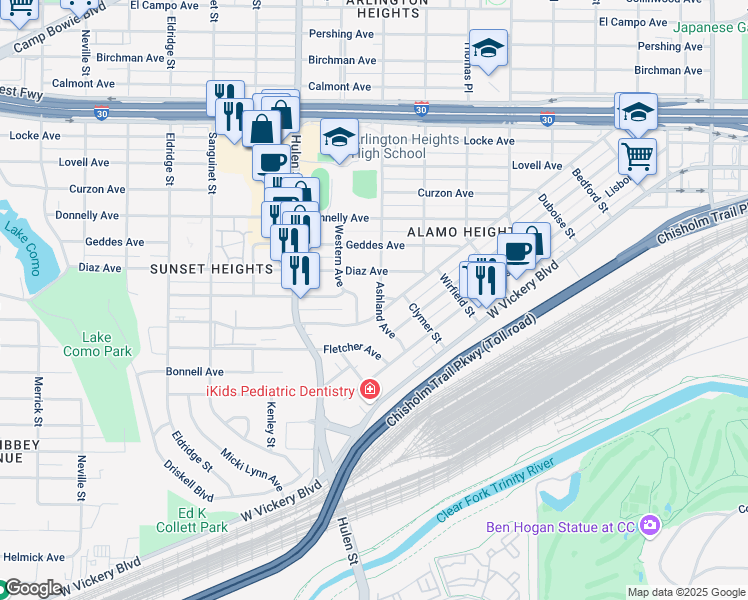 map of restaurants, bars, coffee shops, grocery stores, and more near 4400 Wellesley Avenue in Fort Worth