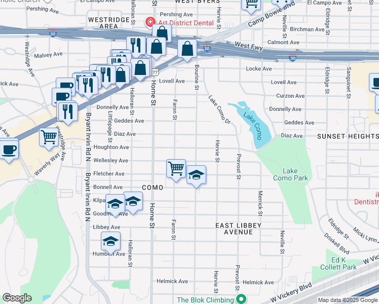 map of restaurants, bars, coffee shops, grocery stores, and more near 5524 Wellesley Avenue in Fort Worth
