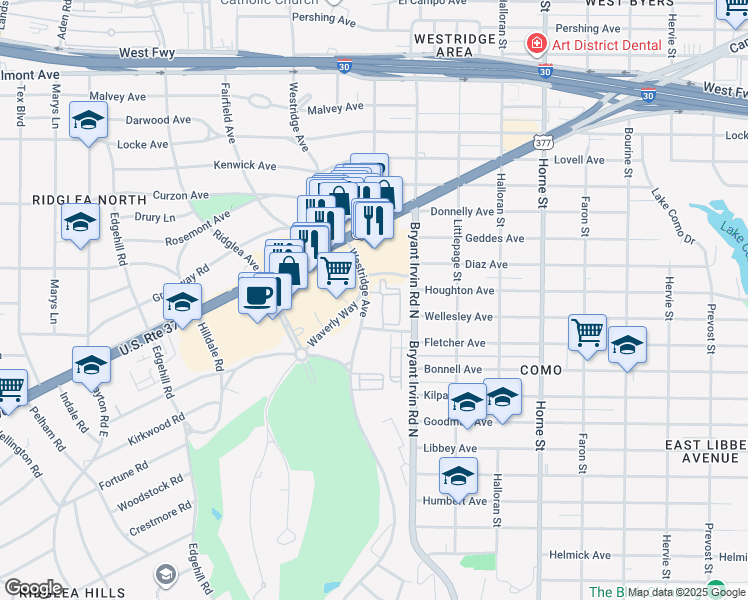 map of restaurants, bars, coffee shops, grocery stores, and more near 3645 Dominy Lane in Fort Worth